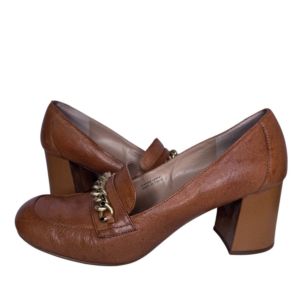 Tahari Brown Leather Chain Loafer Block Heel Pumps Womens Size 8.5 Cognac - Picture 15 of 16